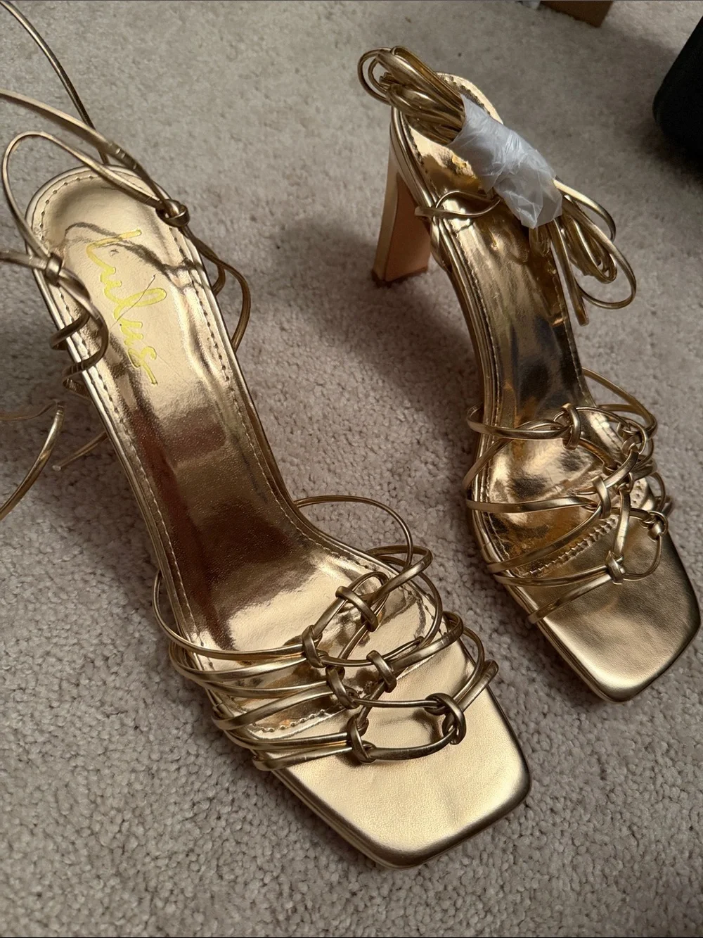 Lulu's Metallic Gold Lace-Up Block Heel Sandals- NWOT